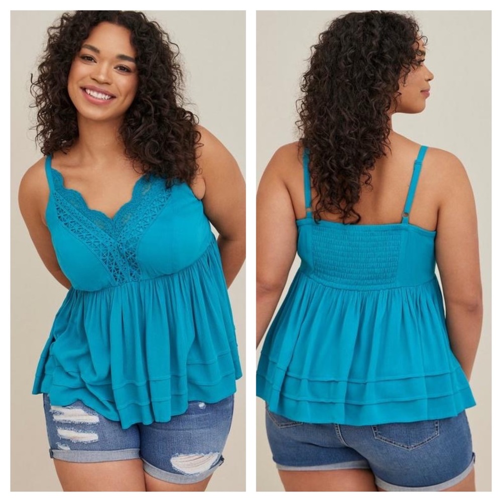 Torrid Crochet Babydoll Tank Top - Crinkle Gauze Teal Blue Size 3 3X